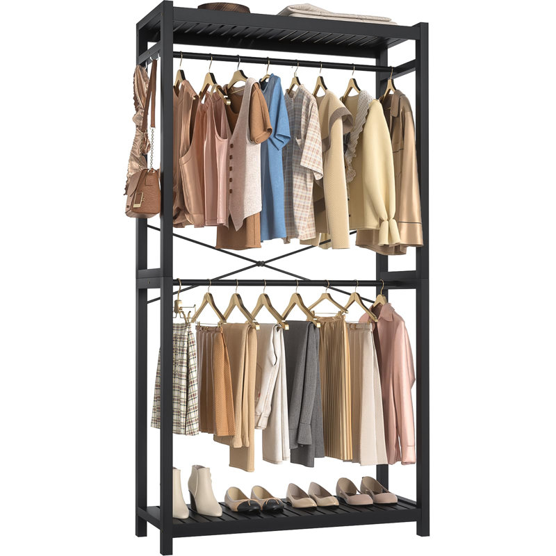 Portant à vêtements en bambou avec tablettes et double tringle, Noir, noir, noir, noir