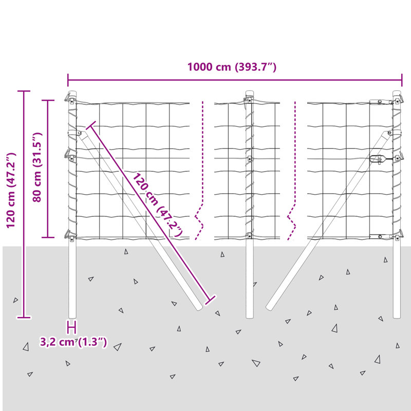 Euro Fence With 7 Posts Galvanised Steel, Silver, 80cm H x 1000cm W