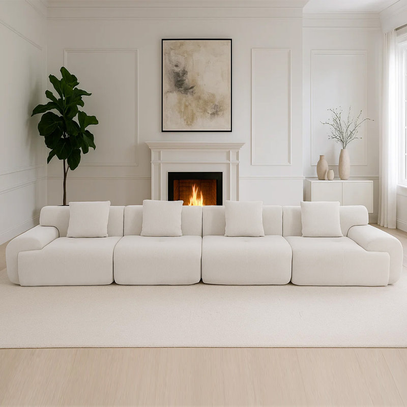 Boneless Corduroy Modern Compressed Block Sectional Couch, Beige