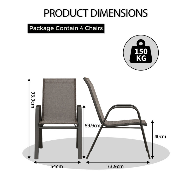 Chaises de patio extérieures empilables, ensemble de meubles de jardin en métal à haut dossier avec tissu textilène respirant, conception peu encombrante