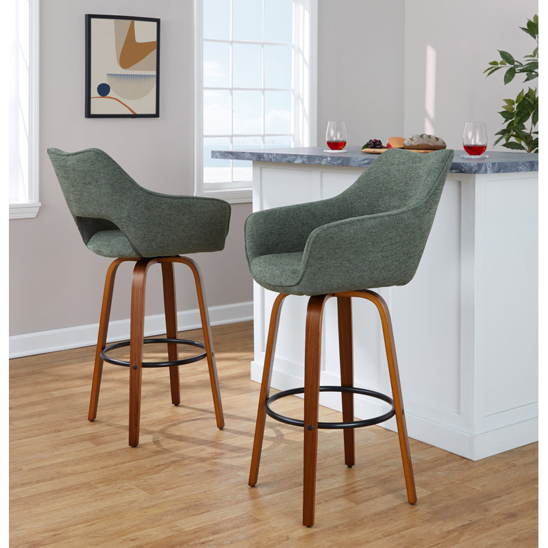 Sarah Fixed-Height Fabric Bar & Counter Stool with Bent Wood Legs & Round Footrest, Bar Stool (30" Seat Height)