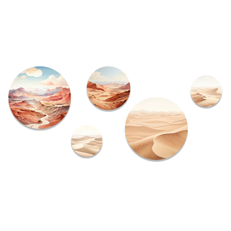 Desert Dreams Canyon Drift - Minimalisme, art mural rond, ensemble de 5