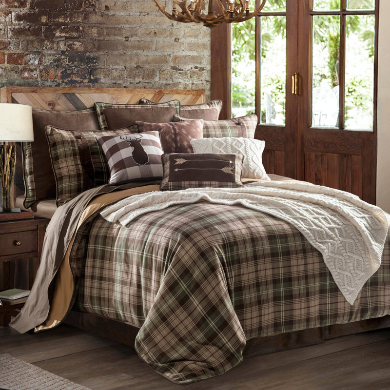 Twin Brown Cotton Plaid Comforter Set with Textured Accents