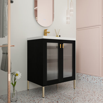 Linslade 28" Single Freestanding Bathroom Vanity with Ceramic Basin Sink Top, Floor Standing Vanity With 2 Doors And 1 Adjustable Shelf