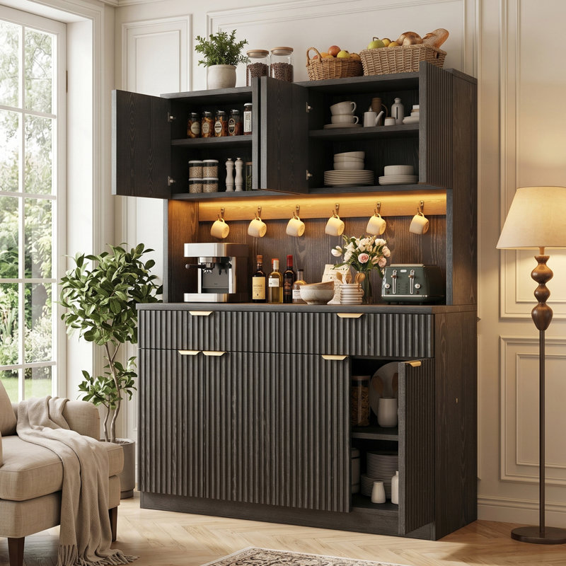 Armoire de rangement autoportante à 4 portes à texture ondulée pour la cuisine et la salle à manger, Noir, Doré