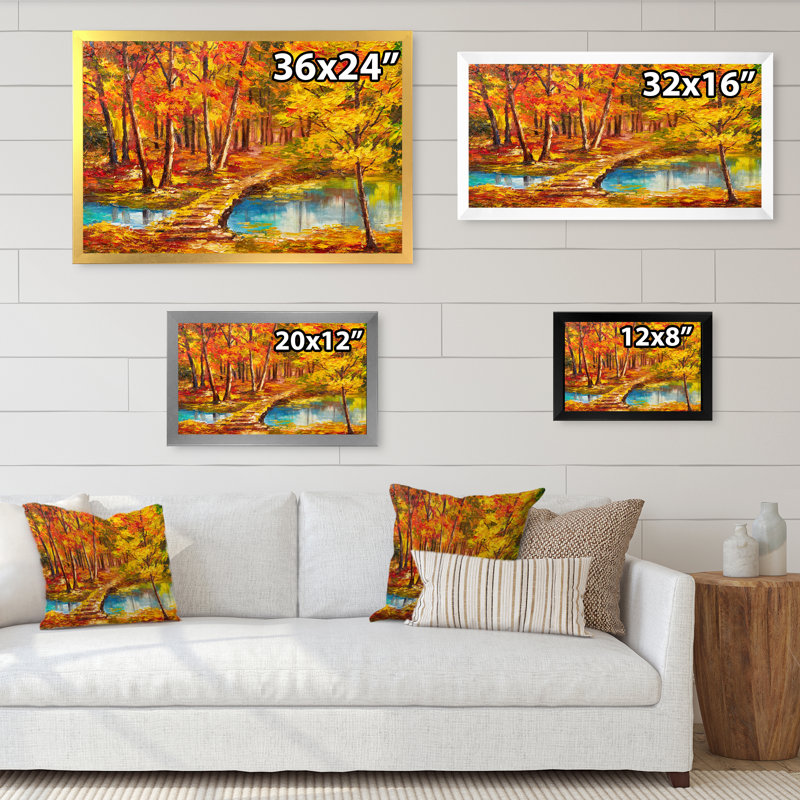 Pont en forêt d'automne - Reproduction de photo sur toile, Toile avec cadre noir, H 24 po x l 36 po x P 1 po