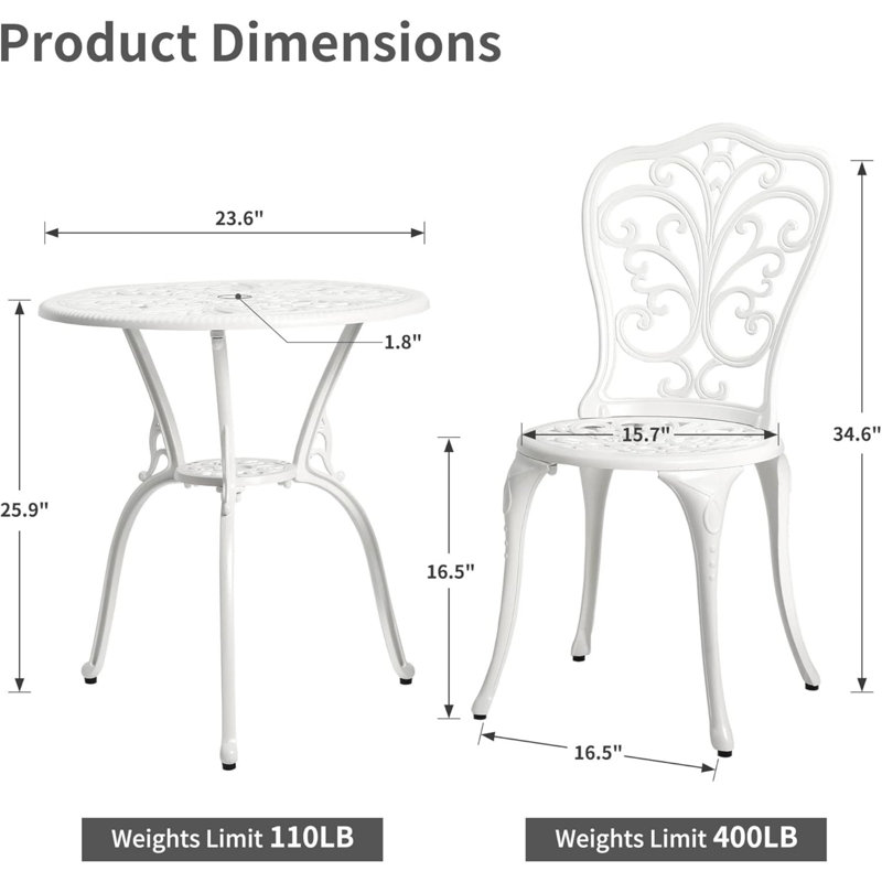 White Cast Aluminum Butterfly Pattern Outdoor Bistro Set