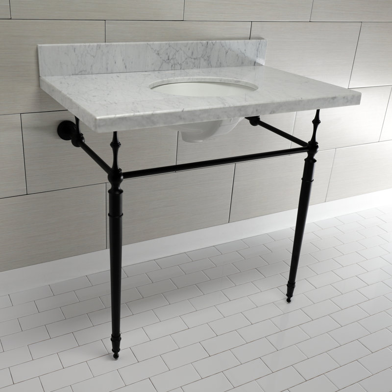 Lavabo de salle de bain console rectangulaire en céramique avec trop-plein Edwardian, Marbre blanc / noir mat