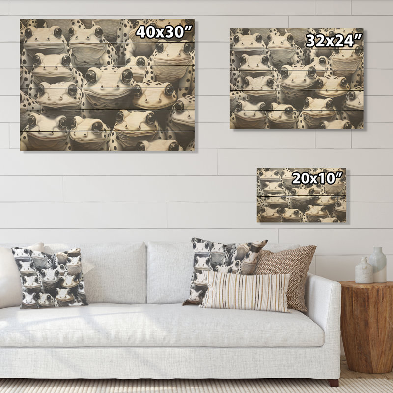 Art mural grenouilles noir et blanc I - Frogs & Toads Wood, art mural sur bois de pin naturel, H 30 po x l 40 po