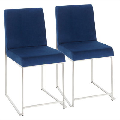 Ensemble de 2 chaises d'appoint à dossier haut en velours contemporain bleu classique avec structure en acier inoxydable