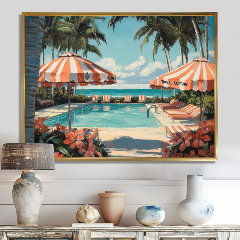 Palmiers au bord de la piscine à Miami - Toile tropicale tropicale encadrée, H 12 po x l 20 po, Cadre flottant doré