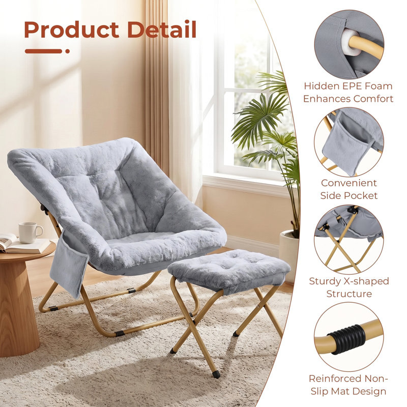 Comfy Saucer Chair, Foldable Lounge Chair With Ottoman, Soft Faux Fur Reading Chair For Teens Adults, Folding Lazy Chair/moon Chair For Living Room, Bedroom, Dorms, X-large Gray