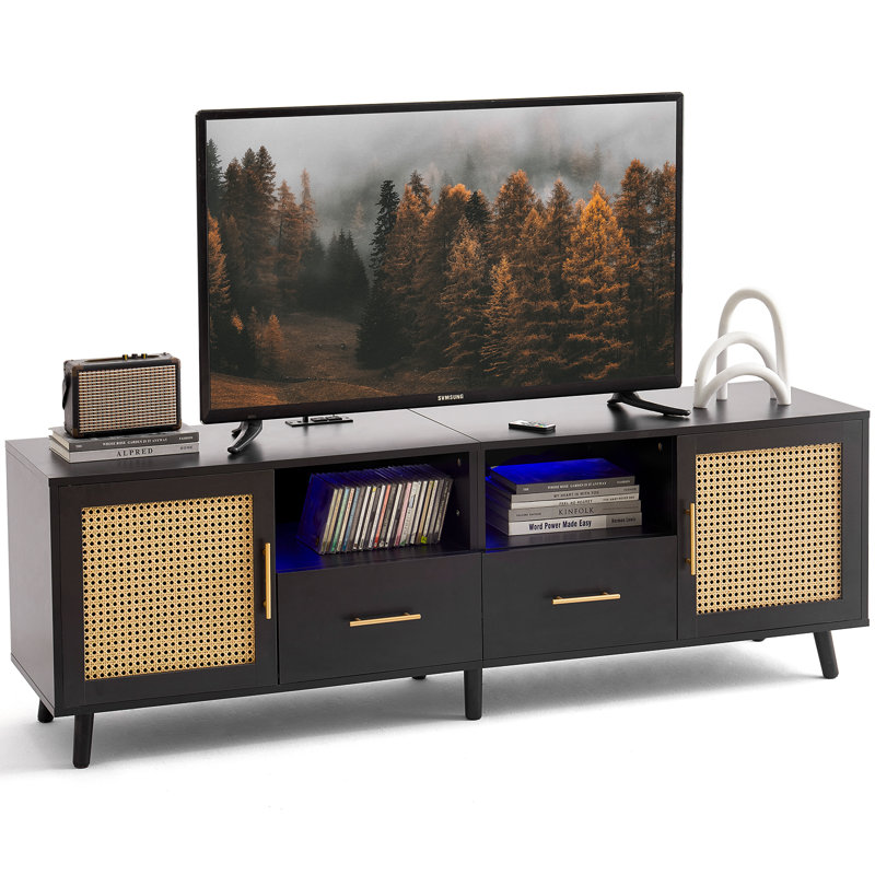 Black Wood and Rattan TV Stand with RGB Lights