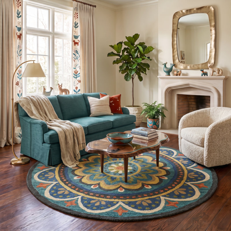 Owensboro Classic Floral Hand Tufted 100% Wool Area Rug, Round 5'