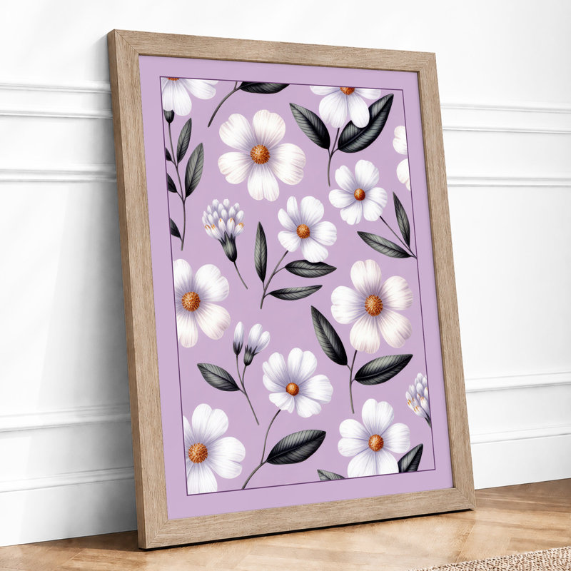 Lavender Daisy Pattern Botanical - Print, A2 - 59.4 x 42.0 cm, Oak
