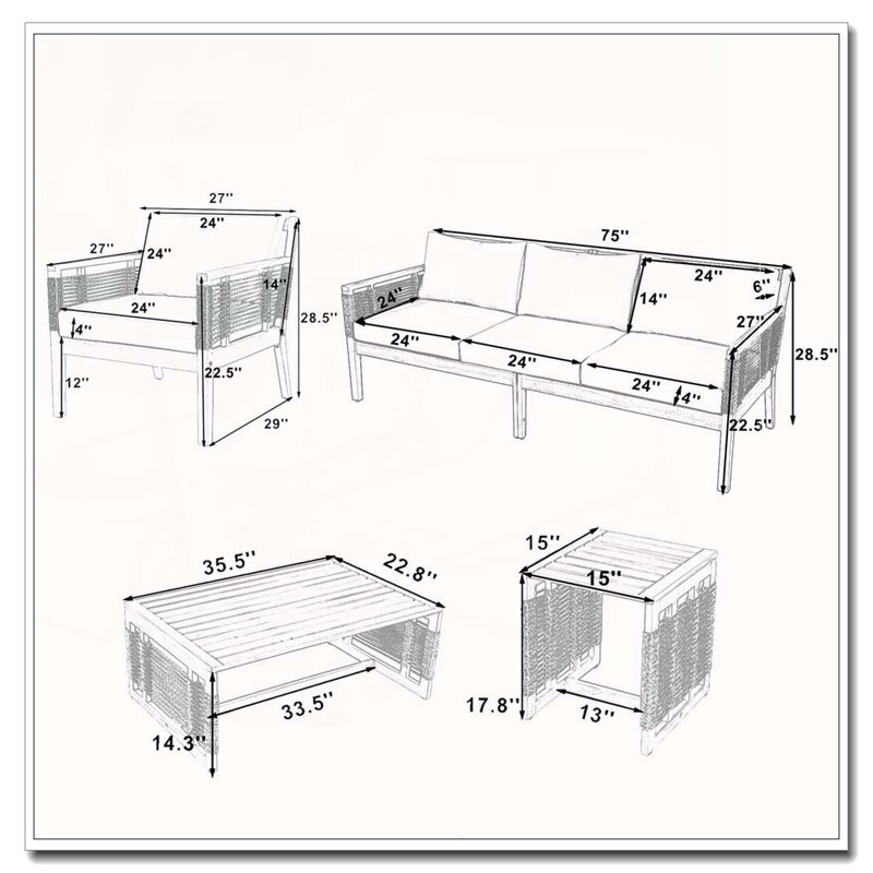 Ensemble de canapé de patio 5 pièces en bois d'acacia