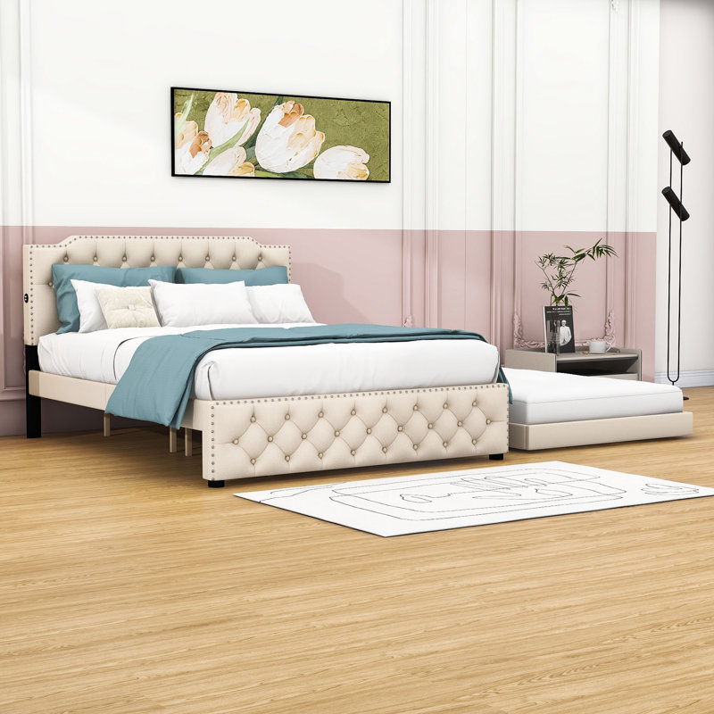 Lit plateforme tapissier grand avec lit gigogne simple Dyonna, Grand, Beige
