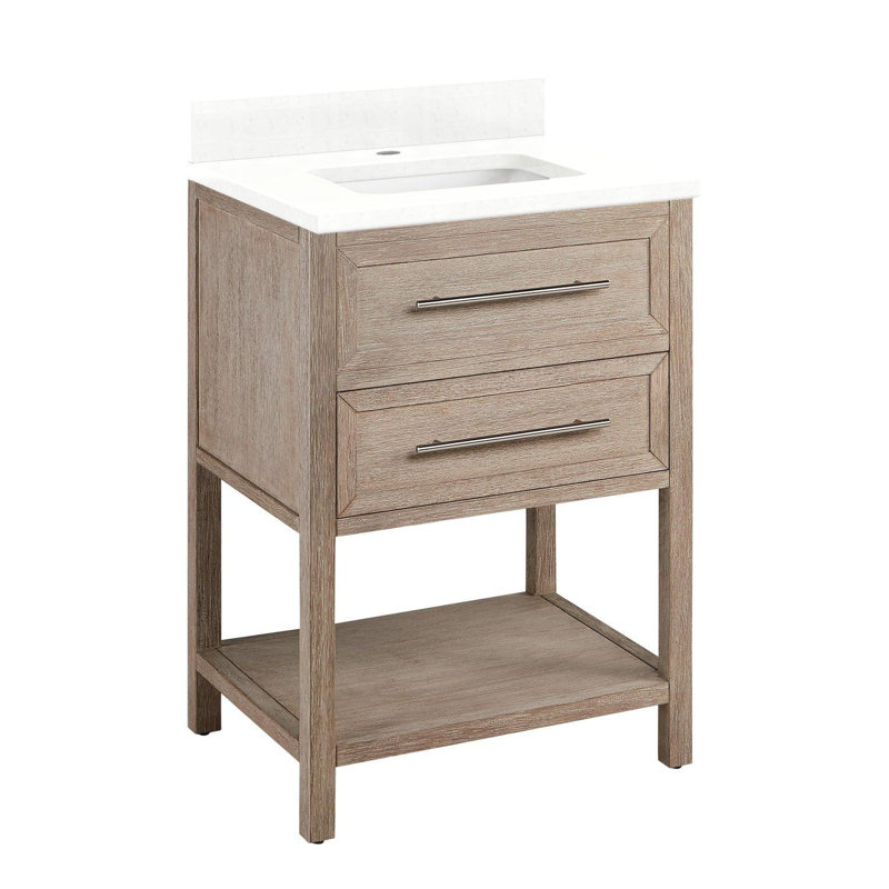 24" Robertson Single Bathroom Vanity Set with Rectangular Undermount Sink, Feathered White Quartz, Single-Hole Centered
