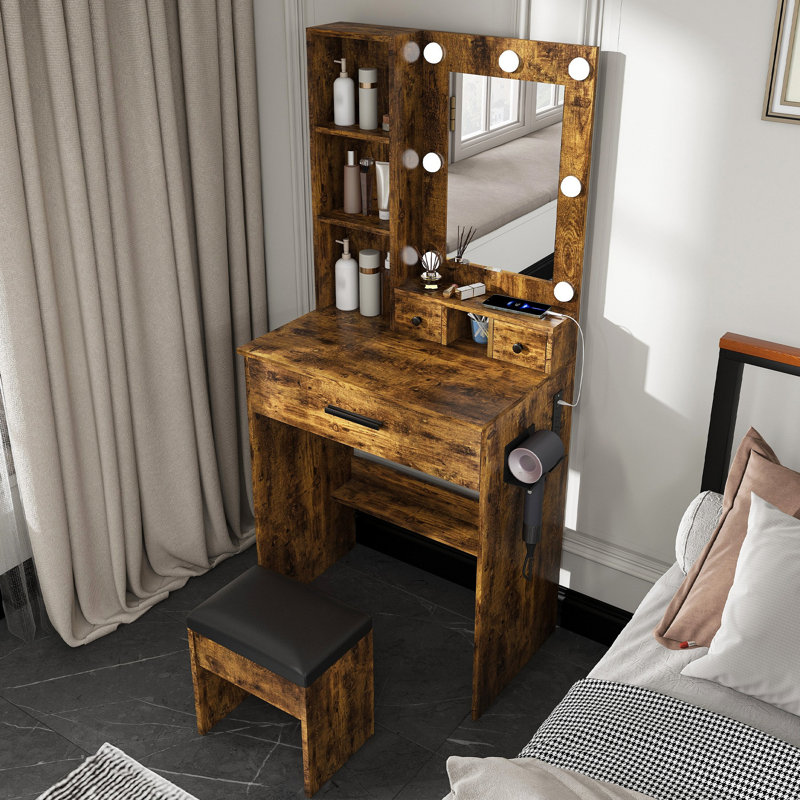 Table de coiffeuse avec miroir et lumières DEL réglables, prise de courant, support pour séchoir à cheveux et tabouret - Coiffeuse compacte pour petites chambres (rétro)
