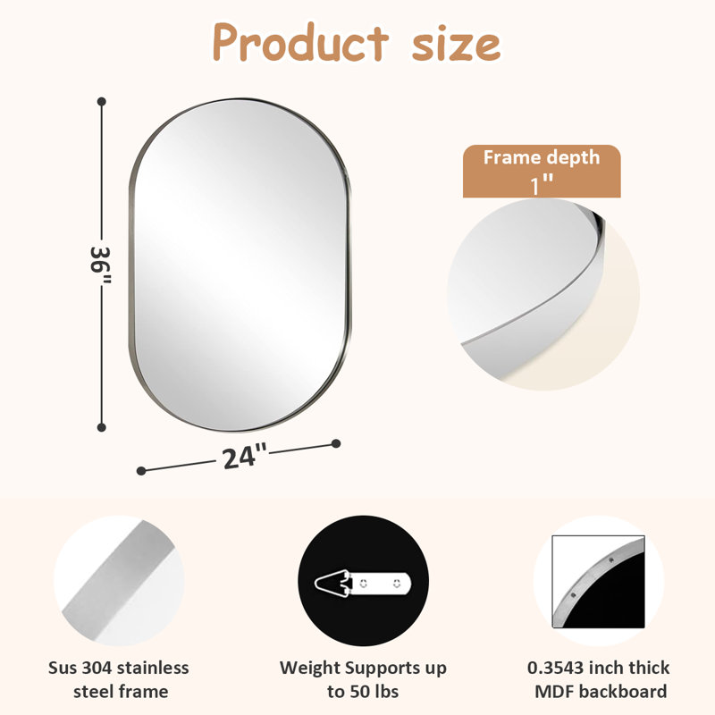 Élégant miroir de salle de bain elliptique, cadre en acier inoxydable, suspension verticale ou horizontale, 36 po x 24 po