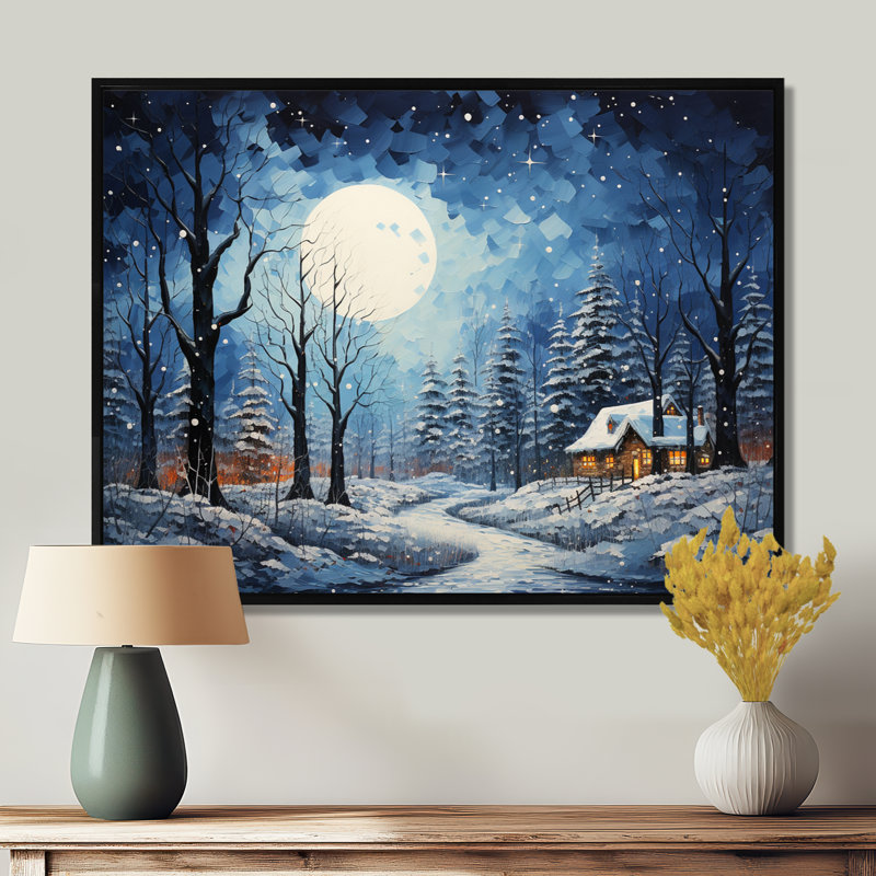 Paysage de chalet d'hiver de Noël III - Paysage d'hiver grand art mural, Cadre flottant noir, H 12 po x l 20 po x P 1 po