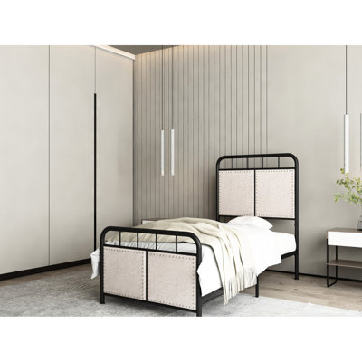 Structure de lit simple en métal avec tête de lit tapissier en lin et structure de chambre à coucher moderne, structure, nuits silencieuses, assemblage facile, convient à tous les types de matelas, beige, poids maximal de 250 lb, revêtement de la plateforme