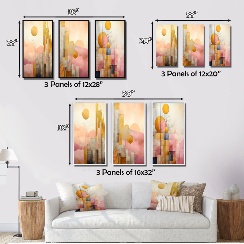 «Golden Moon Dreams Retro Illustration III», 3 pièces, Cadre flottant noir, H 28 po x l 36 po
