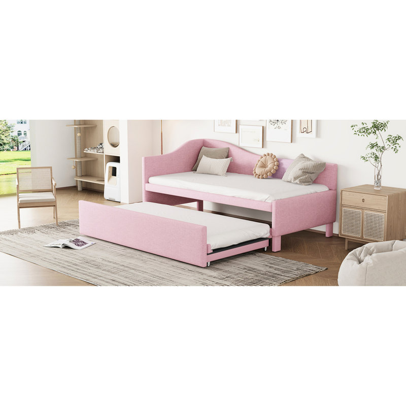 Lit de jour simple rembourré rose avec lit gigogne pour une disposition flexible des invités - Lit gigogne extensible de taille L, idéal