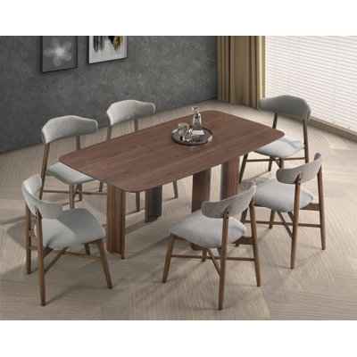 Coral Modern Wood Dining Table Set With Sculpted Column Legs And Upholstered Chairs