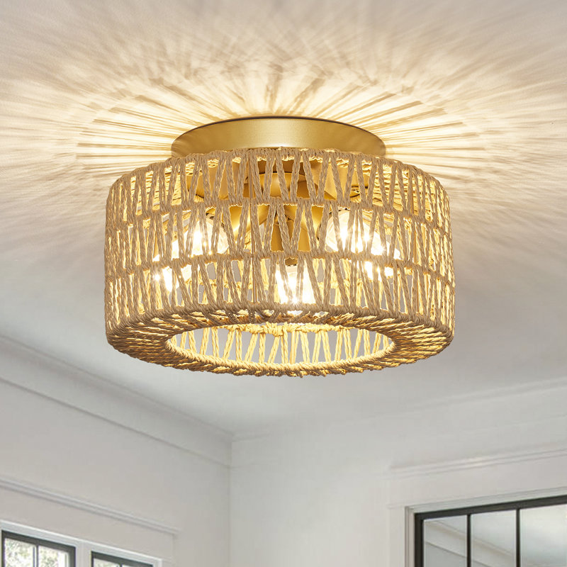 Rattan Semi Flush Mount, Gold