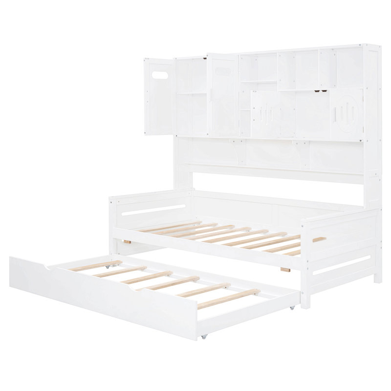 Wooden Daybed With Trundle,All-In-One Cabinet And Shelf, Twin, White