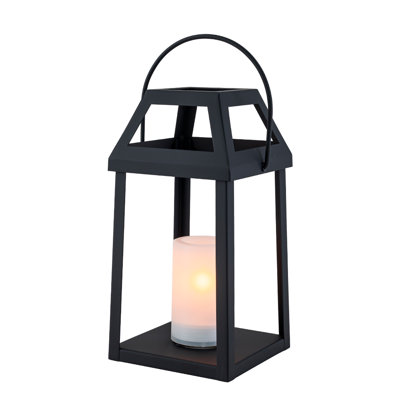 Lanterne solaire H13 "d'extérieur avec bougie vacillante Lanterne solaire moderne en métal avec poignée, table de patio imperméable et éclairage suspendu automatique pour terrasse de jardin