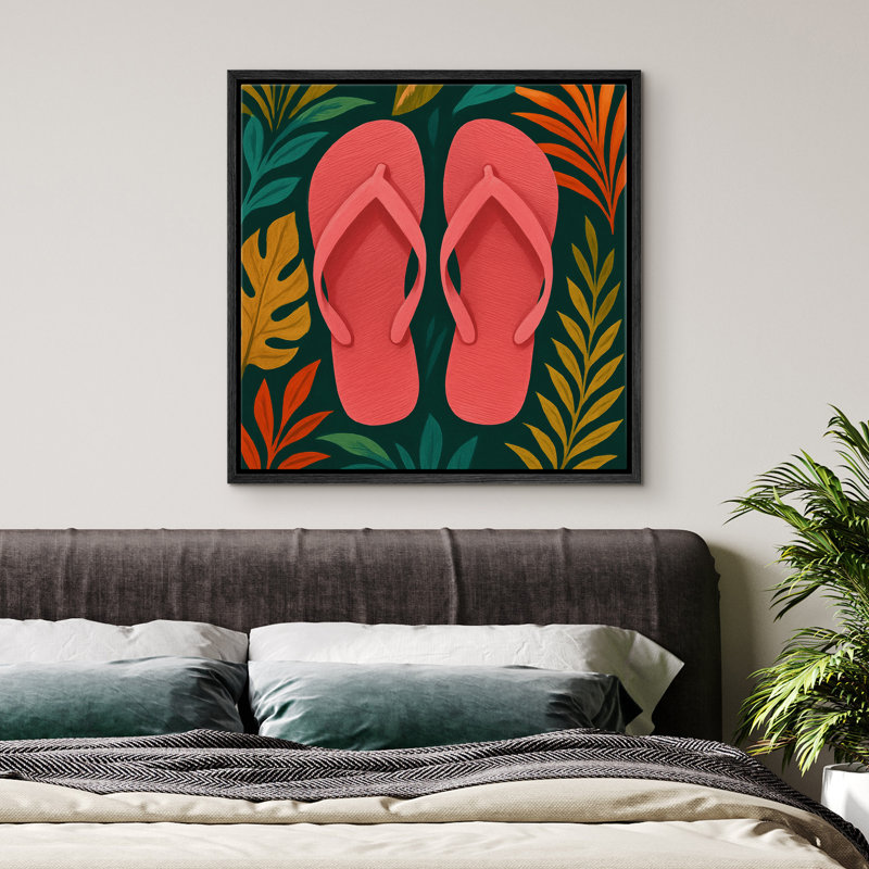 «Tropical Leaves with Flip Flops», reproduction d'art sur toile encadrée, H 24 po x l 24 po, Noir
