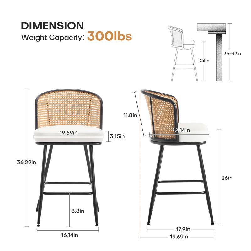 Tabouret rembourré Cane, Tabouret de comptoir (siège d'une hauteur de 26 p, Blanc, 3