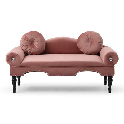 Velours moderne de 54 po de largeur pour le salon et la chambre à coucher, 2 places avec pieds en bois à garniture cloutée, confortable, couleur rose, largeur de 54 po, coussins de canapé, garniture,
