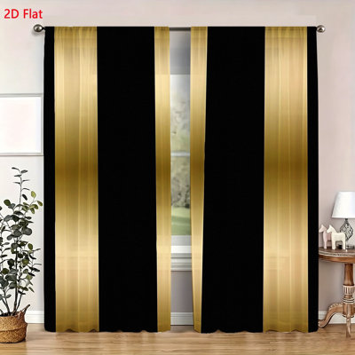 Set of 2 Modern Elegant Window Curtains Vertical Gold and Black Striped Pattern Decorative Drapery Panels for Living Room Bedroom Home Decor Fabric Window Treatments