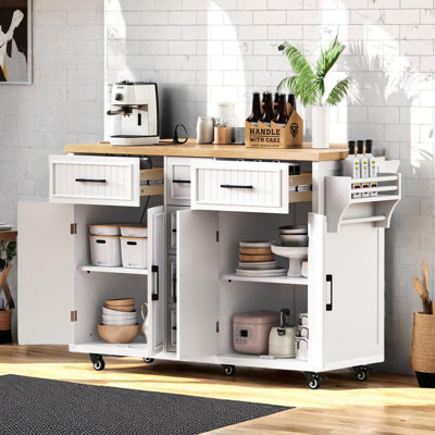 56.5'' Kitchen Island With Drop Leaf, Power Outlet, Wheels, 5 Drawers And 4 Doors