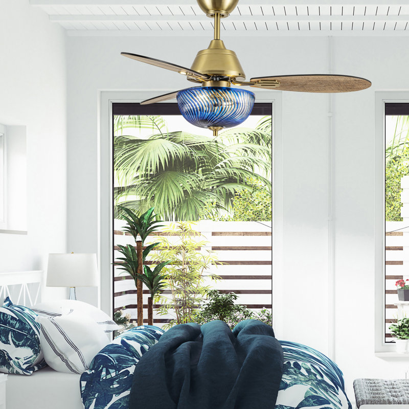 42"W Cecily LED Indoor Swirl Hand-Cut Glass Ceiling Fan With Remote Control, Gold with Brown Blades