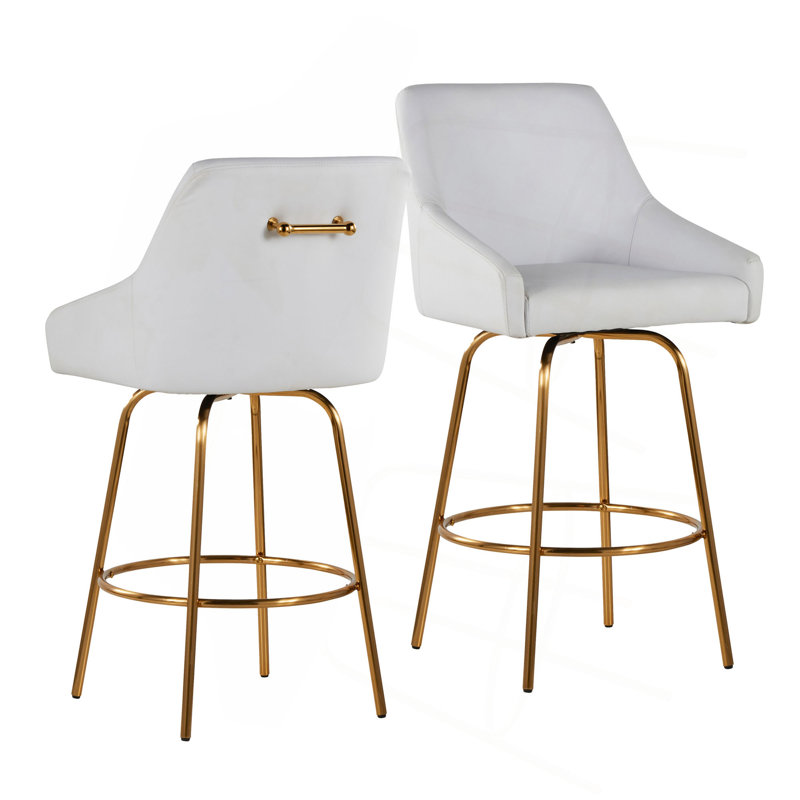 Tabouret de comptoir de 26 po à hauteur fixe avec pivot en similicuir blanc, avec pieds et repose-pieds en métal doré et poignée dorée - ensemble de 2
