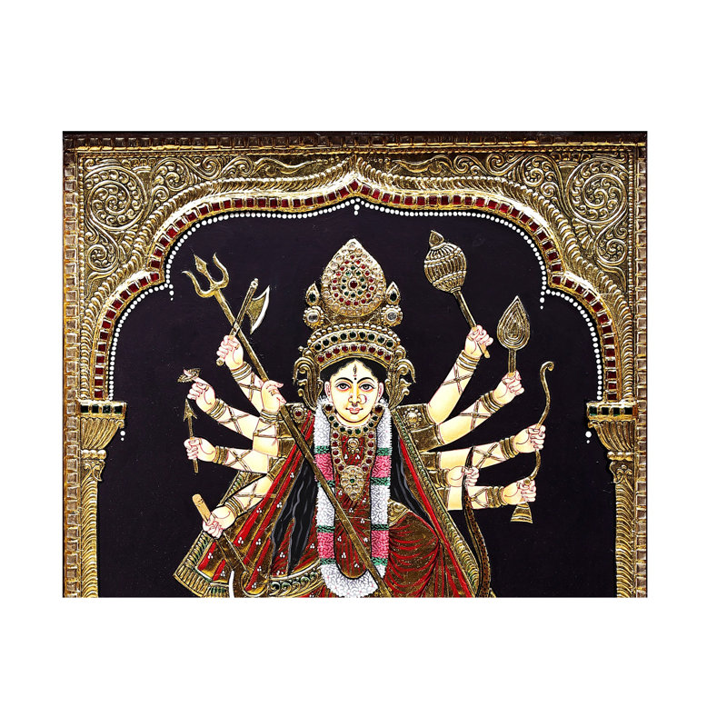Mahishasura-Mardini Ten-Armed Durga Tanjore | Traditional Colours With 24K Gold | Teakwood Frame