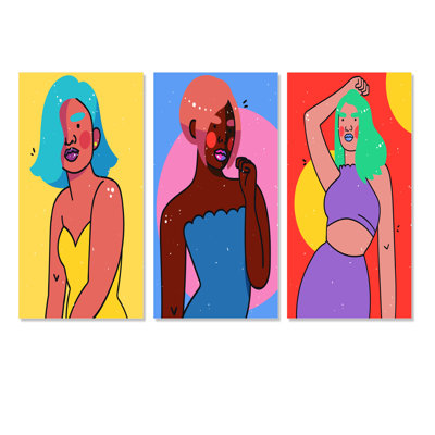 Rétro portrait de femme minimaliste Pop Art X III - ensemble d'art moderne et contemporain de 3 pièces