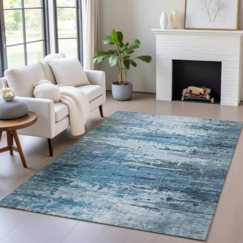 Tapis bleu intérieur / extérieur lavable à la machine Xhevrie, Rectangle 10 pi x 14 pi