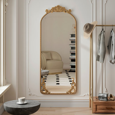 Miroir de 58 po x 24 po arqué avec applique murale rétro sculptée sur le dessus et le bas, miroir mural suspendu, pour le salon, la chambre à coucher, le miroir rétro, la décoration intérieure, bronze