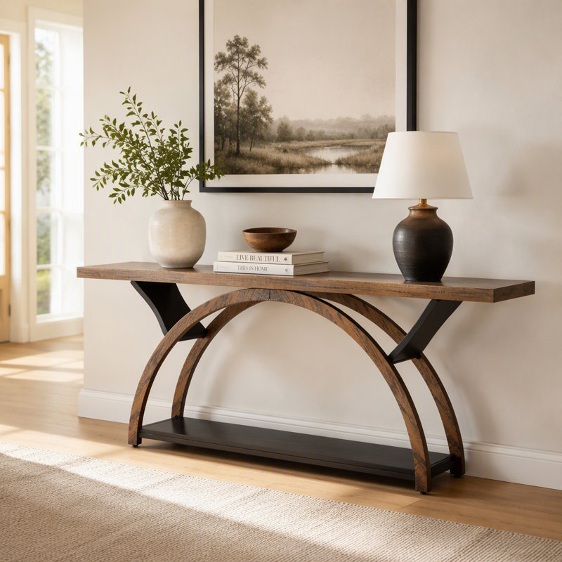 Console à 2 niveaux, table d'entrée 70,9 po avec structure en demi-lune, Brown / Black, Brown