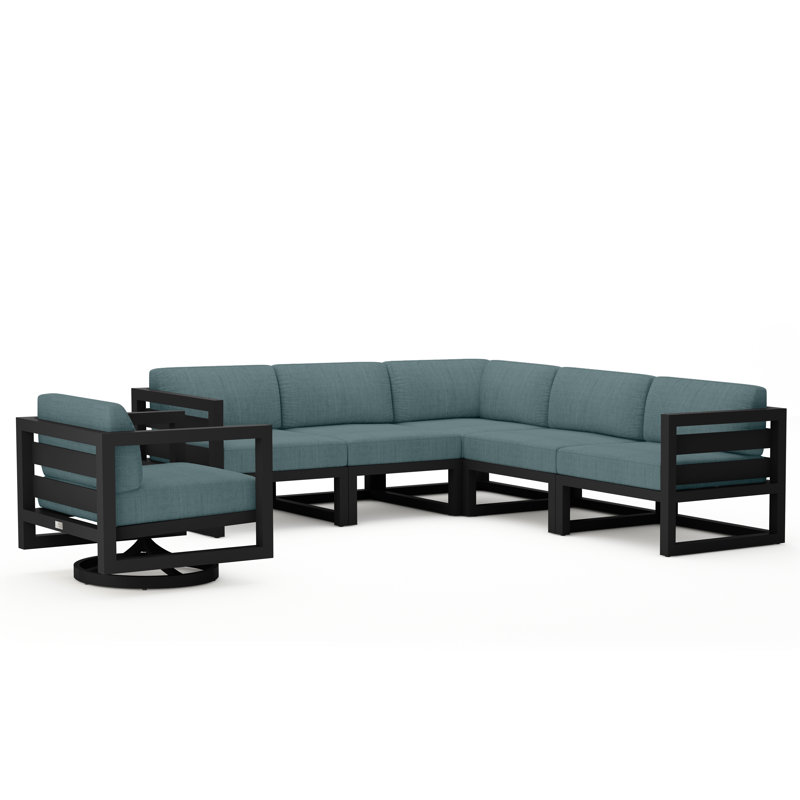 Avion 6 Piece Sectional Set With Swivel, Black, Cast Lagoon Sunbrella® Plainweave