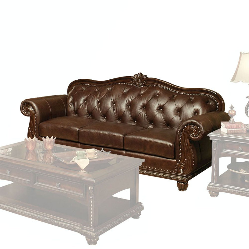 Brown Tufted Faux Leather Sofa with Rolled Arms and Nailhead Trim