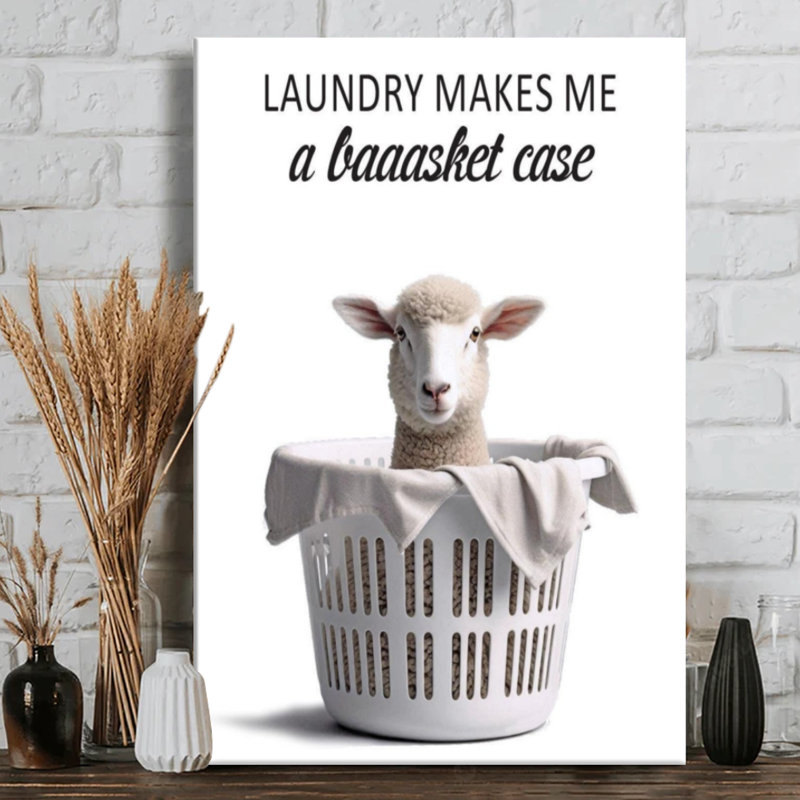 "Sheep in a Laundry basket", art mural sur toile - superposition de texte humoristique - 1 "de galerie profonde - 24" x 36 "
