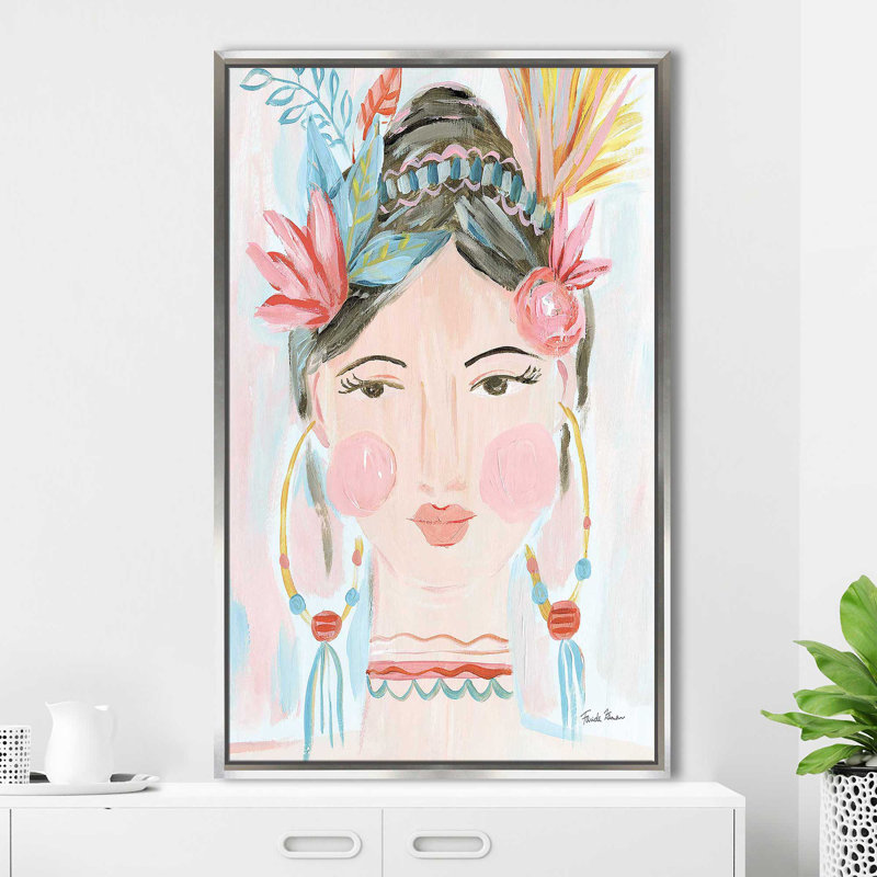 Boho Lady II - peinture, Cadre flottant argent, H 51,5 po x l 31,5 po x P 2 po
