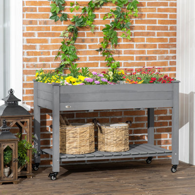 Outsunny Raised Garden Bed,Elevated Wooden Planter Box With Lockable Wheels, Storage Shelf, And Bed Liner For Backyard, Patio