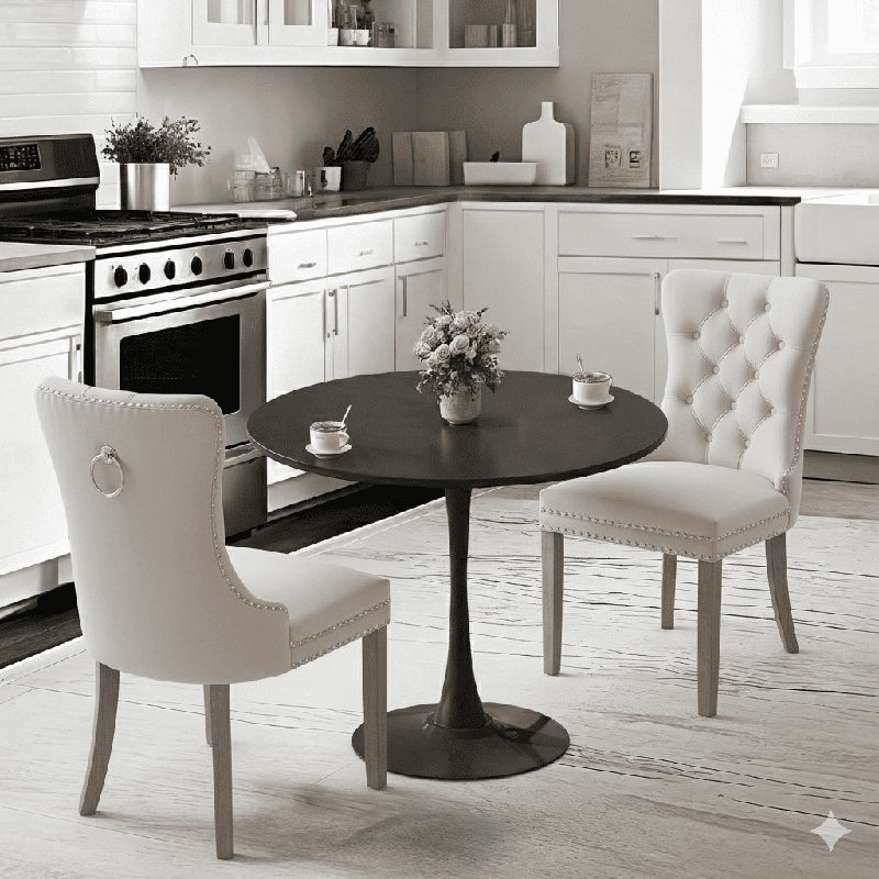 Ensemble de table de salle à manger rond avec 2 chaises, Beige/brun, Noir, noir, noir, noir